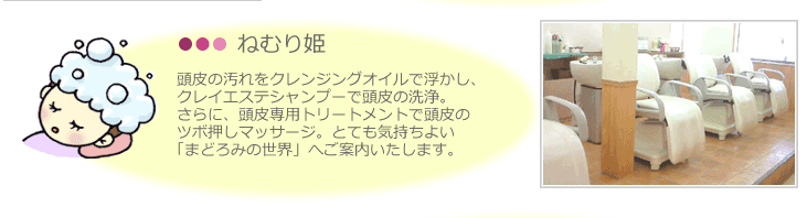 ねむり姫。頭皮の汚れをクレンジングオイルで浮かし、 クレイエステシャンプーで頭皮の洗浄。 さらに、頭皮専用トリートメントで頭皮の ツボ押しマッサージ。とても気持ちよい 「まどろみの世界」へご案内いたします。