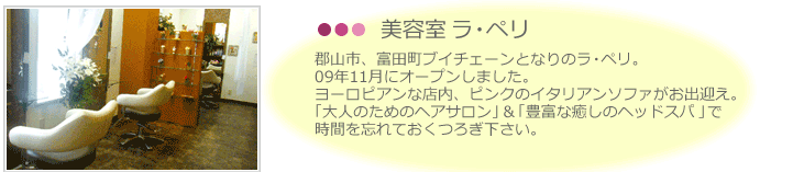 郡山市、富田町ブイチェーンとなりのラ・ペリ。 09年11月にオープンしました。 ヨーロピアンな店内、ピンクのイタリアンソファがお出迎え。 「大人のためのヘアサロン」＆「豊富な癒しのヘッドスパ」で 時間を忘れておくつろぎ下さい。